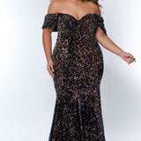 Johnathan Kayne for Sydney's Closet JK2313 Supernova. Sequin paillette on stretch velvet, Mermaid/Fitted silhouette, Sweetheart neckline, Detachable drape sleeve, Natural waistline, Long invisible center back zipper, Slim/fitted skirt, Train with center back godet, Horsehair hem