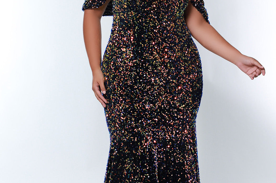 Johnathan Kayne for Sydney's Closet JK2313 Supernova. Sequin paillette on stretch velvet, Mermaid/Fitted silhouette, Sweetheart neckline, Detachable drape sleeve, Natural waistline, Long invisible center back zipper, Slim/fitted skirt, Train with center back godet, Horsehair hem