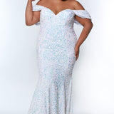 Johnathan Kayne for Sydney's Closet JK2313 Unicorn. Sequin paillette on stretch velvet, Mermaid/Fitted silhouette, Sweetheart neckline, Detachable drape sleeve, Natural waistline, Long invisible center back zipper, Slim/fitted skirt, Train with center back godet, Horsehair hem