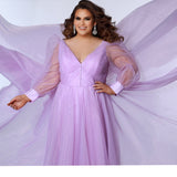 JK2317 plus size organza evening gown.  V-neckline, puff sleeves with cuff, pleated organza bodice and sweep train. Available in lilac purple, sky blue and diamond white. Johnathan Kayne for Sydney's Closet. Photographer Georgina Vaughan 