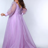 JK2317 plus size organza evening gown.  V-neckline, puff sleeves with cuff, pleated organza bodice and sweep train. Available in lilac purple, sky blue and diamond white. Johnathan Kayne for Sydney's Closet.