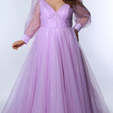 JK2317 plus size organza evening gown.  V-neckline, puff sleeves with cuff, pleated organza bodice and sweep train. Available in lilac purple, sky blue and diamond white. Johnathan Kayne for Sydney's Closet.