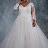 MB2010 plus size bridal gown with deep V-neckline and illusion mesh sleeves are embellished with intricate lace appliques. Full ball gown tulle skirt and lace-up back with modesty panel.