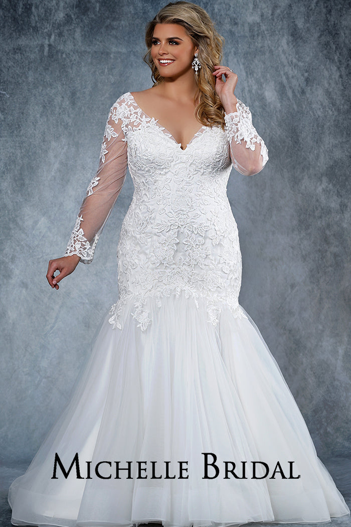 MB2026 fitted mermaid bridal dress with illusion mesh sleeves, V-neckline, lace-up back and floor length tulle skirt. Colors available: black, champagne and ivory.