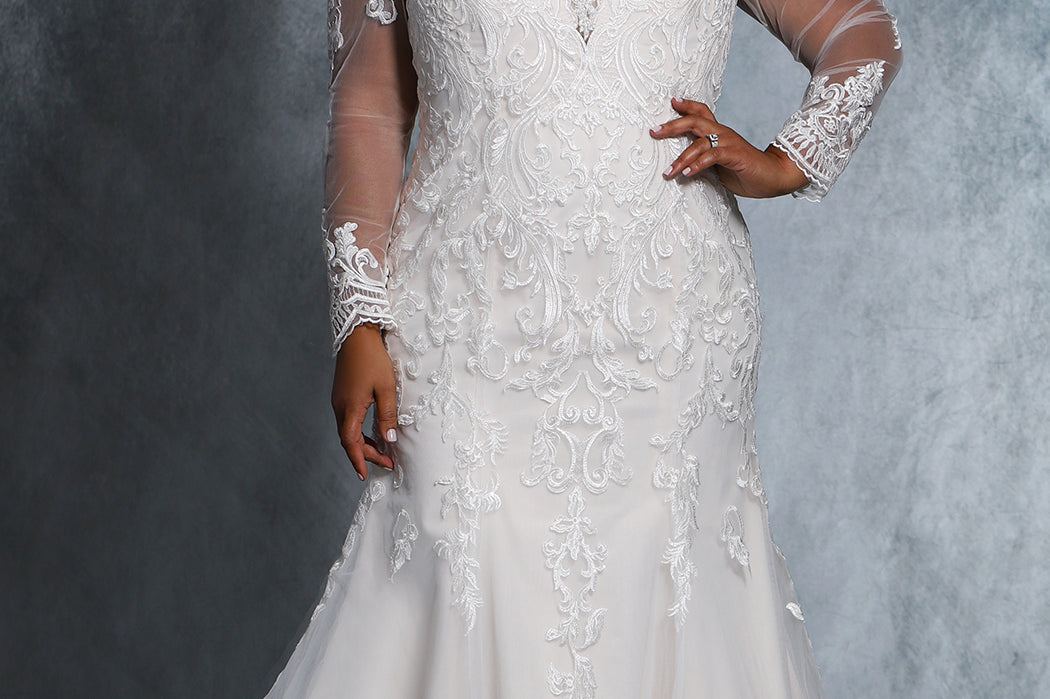 Carrie Bridal Gown MB2101 by Sydney's Closet A-Line with lace up back and sleeves available in Ivory/Ivory, Ivory/Champagne, Ivory/Pink Champagne