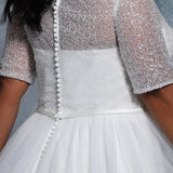 Taylor Bridal Gown MB2103 by Sydney's Closet A-Line with sheer short sleeves with removeable belt available in Ivory