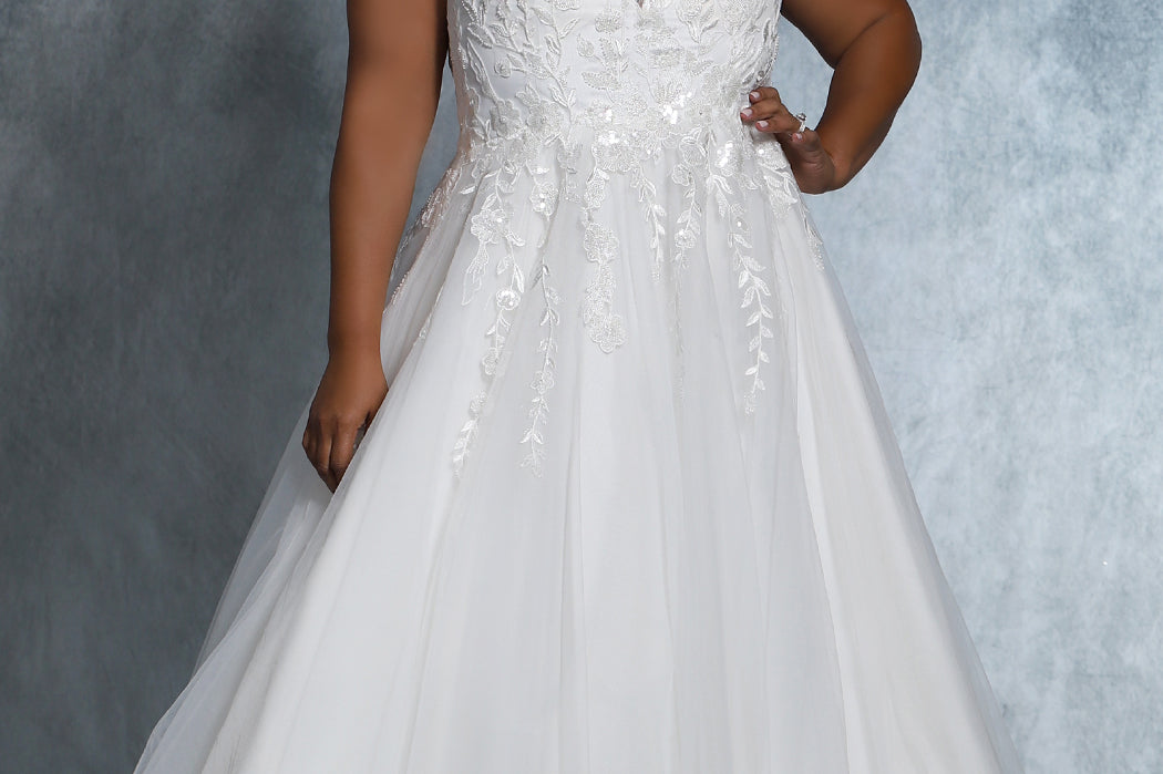 Selena Bridal Gown MB2112 by Sydney's Closet A-line ballgown with illusion mesh neckline zipper button back available in ivory