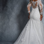 Jennifer Bridal Gown MB2114 by Sydney's Closet fitted mermaid with illusion mesh sleeves and appliques zipper back with clear buttons available in ivory