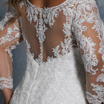 Jennifer Bridal Gown MB2114 by Sydney's Closet fitted mermaid with illusion mesh sleeves and appliques zipper back with clear buttons available in ivory