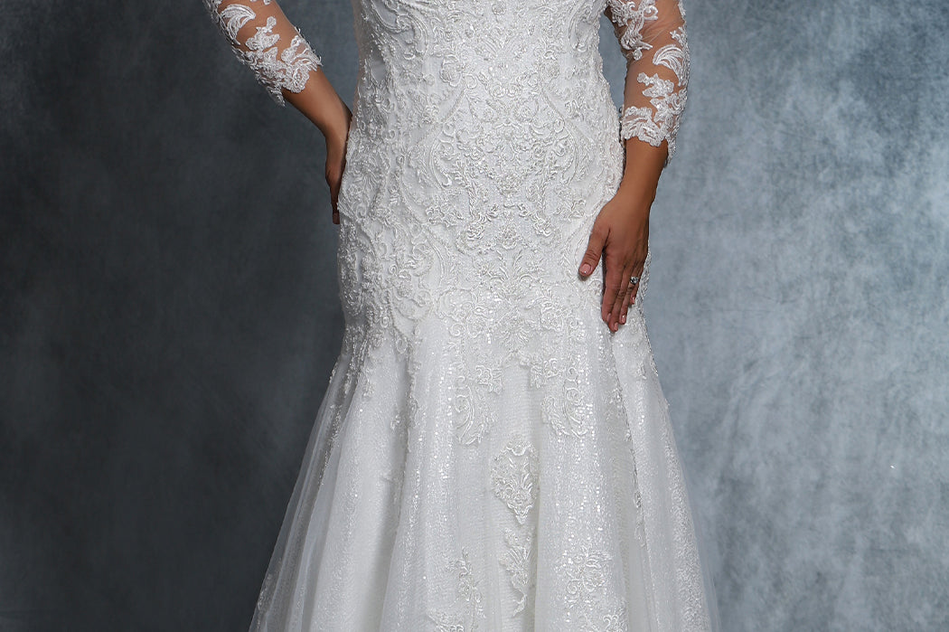 Jennifer Bridal Gown MB2114 by Sydney's Closet fitted mermaid with illusion mesh sleeves and appliques zipper back with clear buttons available in ivory