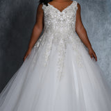 Kelly Bridal Gown MB2115 by Sydney's Closet A-line ballgown with bra friendly straps and lace up back heavily beaded bodice with appliques available in ivory/ivory, ivory/champagne
