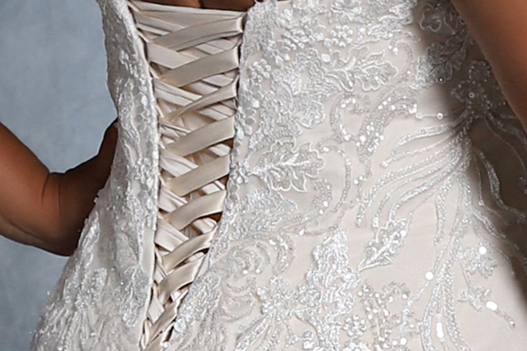 Tina Bridal Gown MB2117 by Sydney's Closet fitted mermaid with optional straps lace up back available in ivory/ivory, ivory/champagne