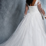 Madonna Bridal Gown MB2118 by Sydney's Closet A-line ballgown with illusion mesh sleeves with appliques and lace up back availavle in black/black, ivory/ivory, white/white, black/ivory, ivory/black