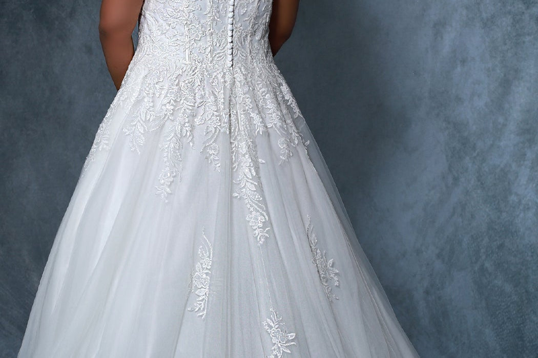 Michelle Bridal MB2201 plus size wedding gown with detachable feather straps, exposed boning, floral appliques and train - back view with feathers