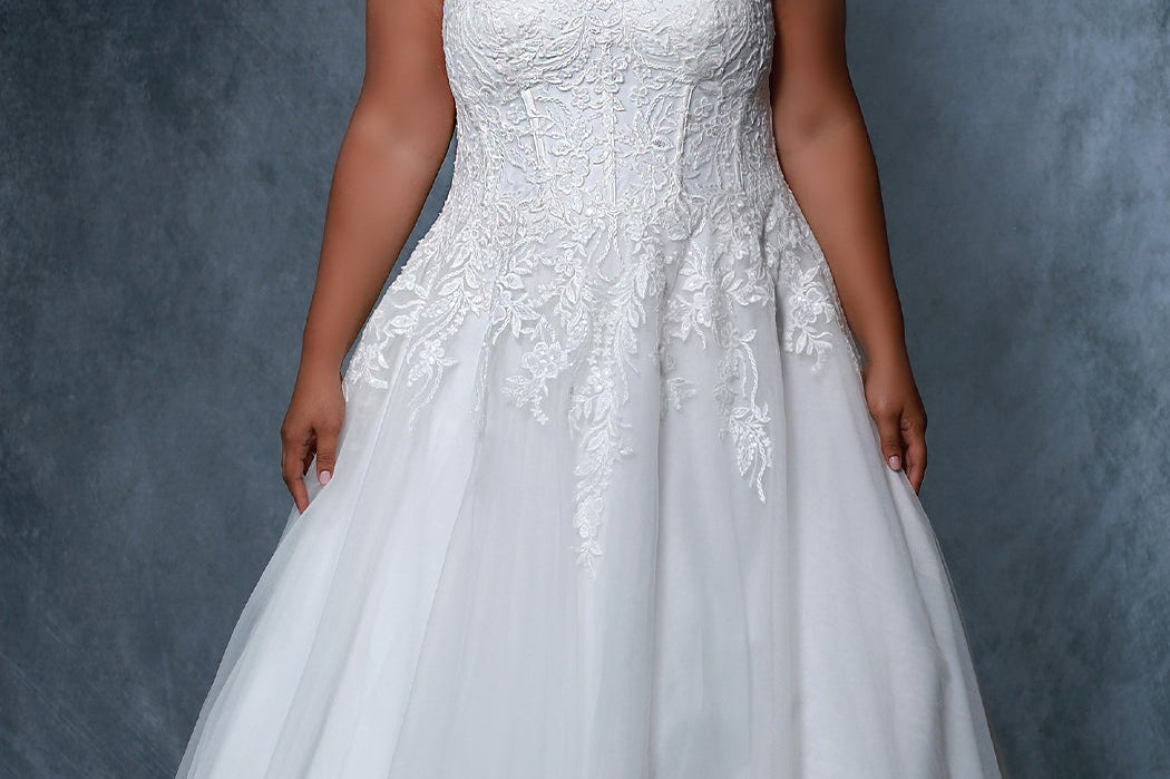 Michelle Bridal MB2201 plus size wedding gown with detachable feather straps, exposed boning, floral appliques and train - front view with feathers