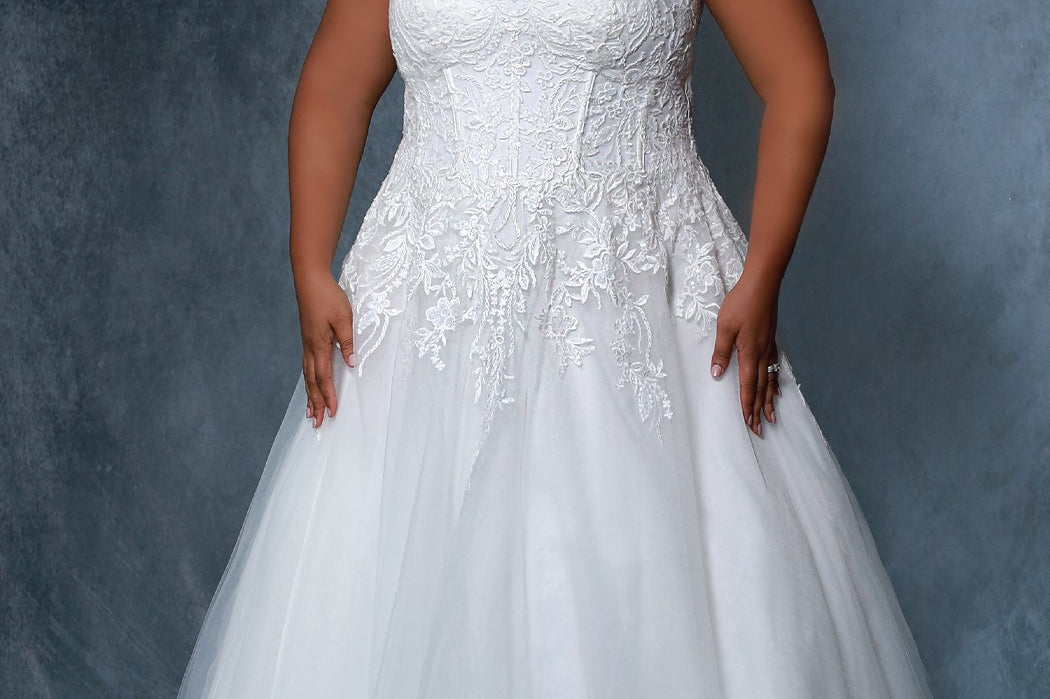 Michelle Bridal MB2201 plus size wedding gown with detachable feather straps, exposed boning, floral appliques and train - front viee