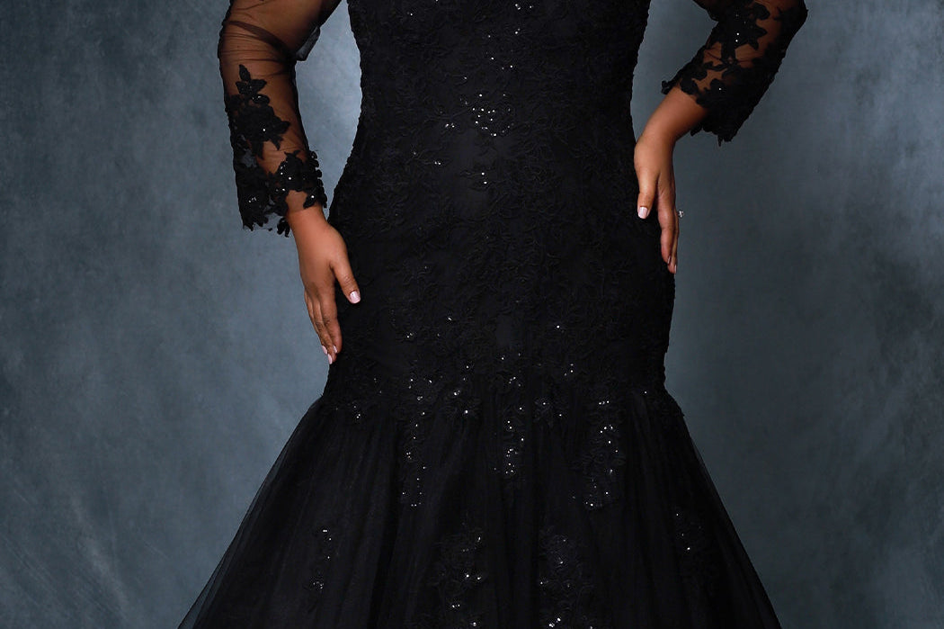 Michelle Bridal MB2202 Plus Size Black mermaid wedding dress with lace details on body, sleeves, and tulle skirt.