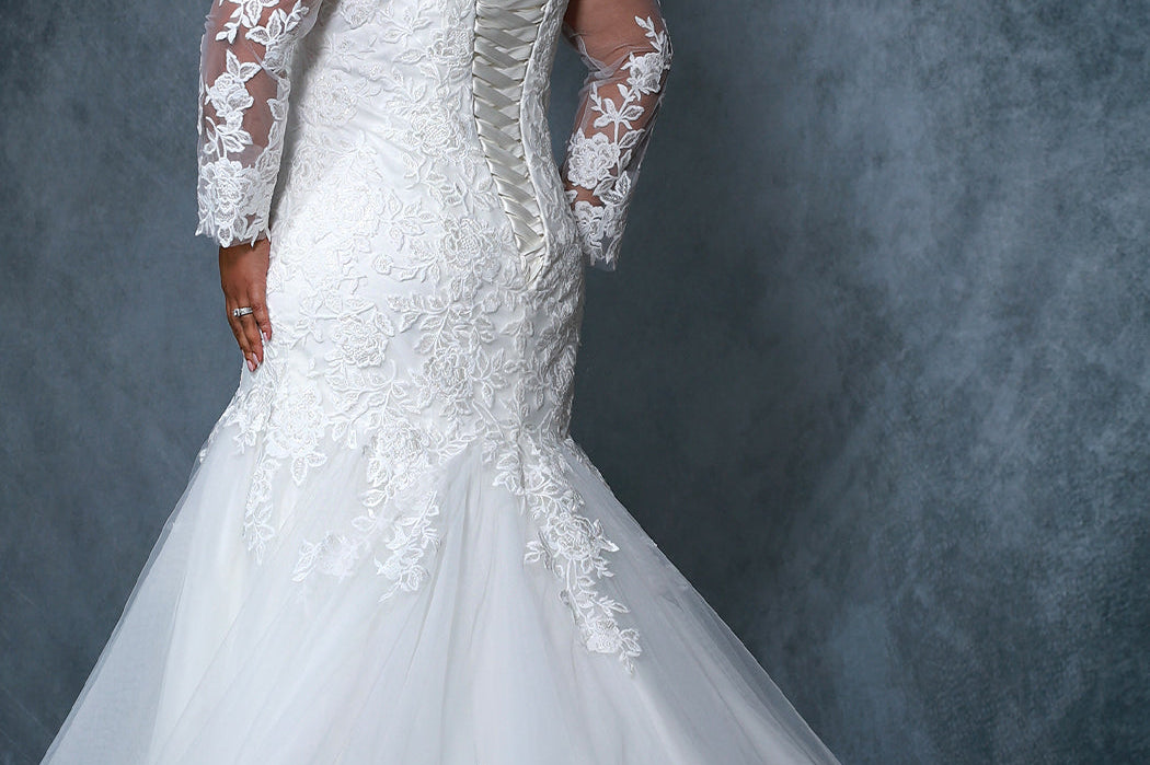 Michelle Bridal MB2202 Back View Plus Size ivory mermaid wedding dress with lace details on body, sleeves, and tulle skirt and a bra friendly lace up corset back, 