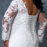 Michelle Bridal MB2202 Up Close Back View Plus Size ivory mermaid wedding dress with lace details on bodice and sleeves and a bra friendly lace up corset back.