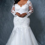Michelle Bridal MB2202 Plus Size ivory mermaid wedding dress with lace details on body, sleeves, and tulle skirt. 