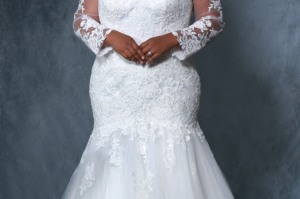 Michelle Bridal MB2202 Plus Size ivory mermaid wedding dress with lace details on body, sleeves, and tulle skirt. 