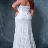 Michelle Bridal MB2203 Back view plus size strapless fitted wedding dress in ivory with ivory lace.