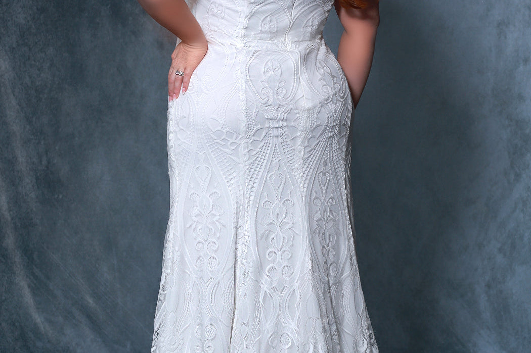 Michelle Bridal MB2203 Back view plus size strapless fitted wedding dress in ivory with ivory lace.