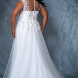 Michelle Bridal MB2204 Back view Plus Size A-line wedding dress with lace on back of bodice and a button up back with a white illusion back. 