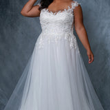 Michelle Bridal MB2204 Plus Size A-line wedding dress with lace bodice, lace straps, and a tulle skirt. 