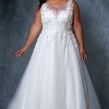 Michelle Bridal MB2206 Plus Size A-line wedding dress with lace bodice, and a sweetheart neckline under an ivory mesh scoop neckline and tulle skirt. 