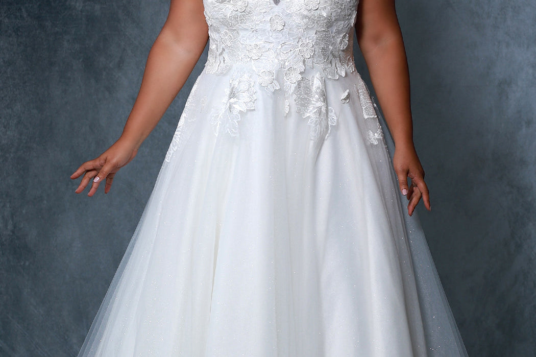 Michelle Bridal MB2206 Plus Size A-line wedding dress with lace bodice, and a sweetheart neckline under an ivory mesh scoop neckline and tulle skirt. 