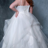 Michelle Bridal MB2207 Back view plus size bridal dress with satin bodice, lace up corset back, and layered tulle skirt. 