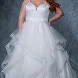 Michelle Bridal MB2207 plus size a-line wedding dress with satin sweetheart top, spaghetti straps, and a tulle layered skirt. 