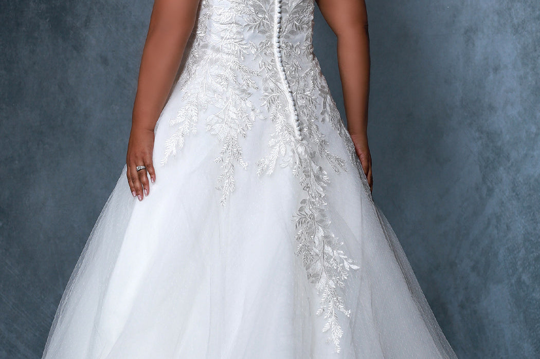 Michelle Bridal MB2208 Back view plus size A-line wedding dress with lace on the bodice and straps. Zip up back hidden by decorative buttons. 
