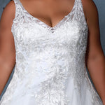 Michelle Bridal MB2208 Close Up Plus Size A-line wedding dress with v-neck, lace bodice, and lace straps.