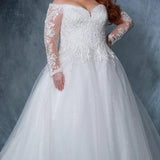 Michelle Bridal MB2210 Plus Size A-line off the shoulder wedding dress with lace and mesh sleeves, lace bodice with sweetheart neckline, and tulle skirt. 