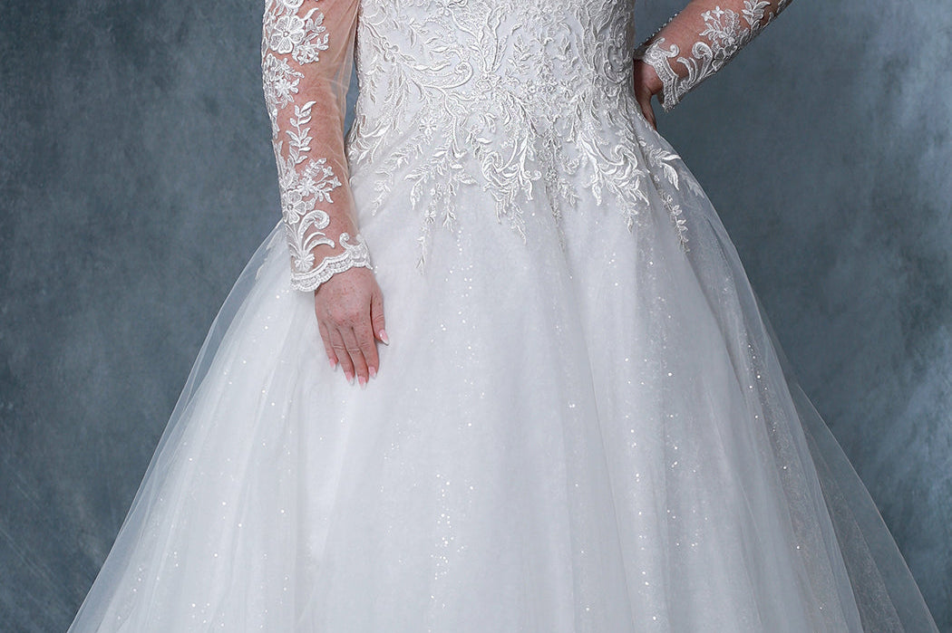 Michelle Bridal MB2210 Plus Size A-line off the shoulder wedding dress with lace and mesh sleeves, lace bodice with sweetheart neckline, and tulle skirt. 