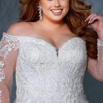 Michelle Bridal MB2210 Close up Plus Size A-line off the shoulder wedding dress with lace and mesh sleeves, lace bodice, and sweetheart neckline.