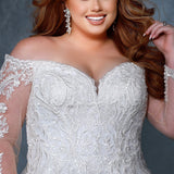 Michelle Bridal MB2210 Close up Plus Size A-line off the shoulder wedding dress with lace and mesh sleeves, lace bodice, and sweetheart neckline.
