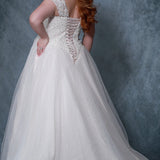 Michelle Bridal MB2211 back view of plus size bridal dress with attachable lace straps with lace bodice, lace up corset back, and sparkly tulle skirt. 