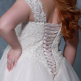 Michelle Bridal MB2211 back view of plus size bridal dress with detachable lace straps with lace bodice, and lace up corset back.