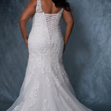 Michelle Bridal MB2212 Back view plus size fitted lace mermaid wedding dress with lace up corset back