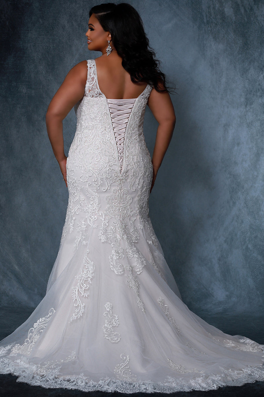 Michelle Bridal MB2212 Back view plus size fitted lace mermaid wedding dress with lace up corset back