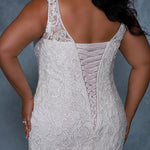 Michelle Bridal MB2212 Up close back view of fitted lace mermaid dress and lace up back. 