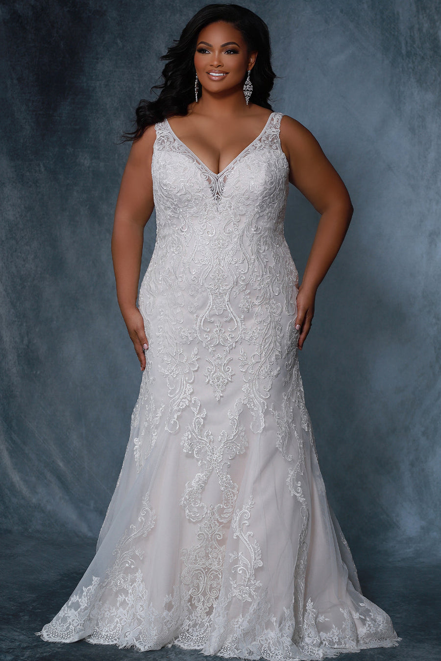 Michelle Bridal MB2212 plus size fitted lace mermaid dress with v-neck and lace, bra friendly straps. 