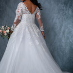 Michelle Bridal MB2213 Ivory/Ivory Back view Plus Size A-line wedding dress with lace and mesh sleeves and lace bodice with zip up back.