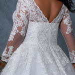 Michelle Bridal MB2213 Back view Close up Ivory/Ivory  Plus Size A-line wedding dress with lace and mesh sleeves and lace bodice with zip up back.