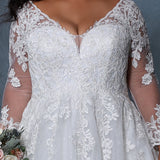 Michelle Bridal BB2213 Close up of Ivory/Ivory Plus size A-line wedding dress with mesh and lace long sleeves, v-neckline, and lace bodice.