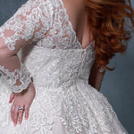 Michelle Bridal MB2213 Back view Pink Champagne Nude Close up Plus Size A-line wedding dress with lace and mesh sleeves and lace bodice with zip up back.