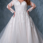 Michelle Bridal BB2213 Plus size A-line wedding dress with mesh and lace long sleeves, v-neckline, lace bodice, and sparkly tulle skirt. 